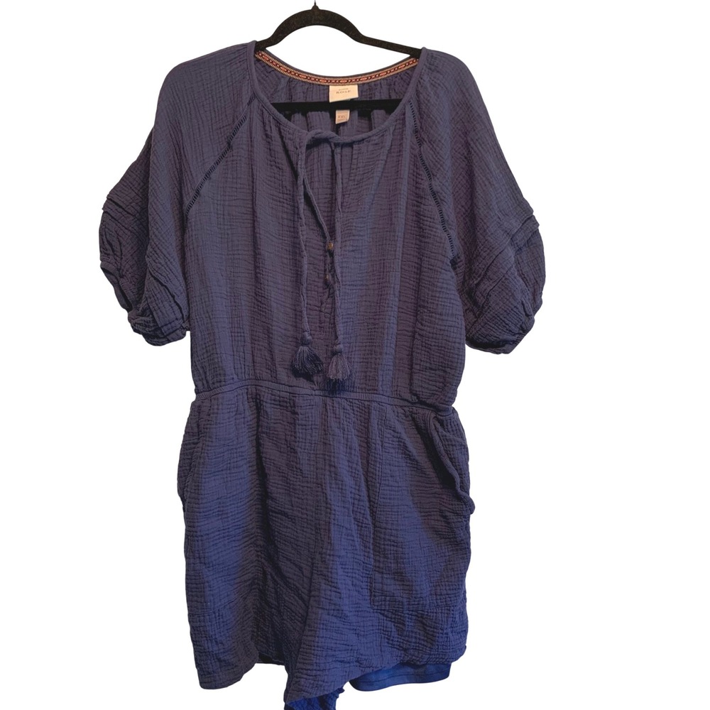 Knox Rose Romper XXL Navy Blue Cotton Gauze Boho Tassel Tie Short Sleeve Coastal